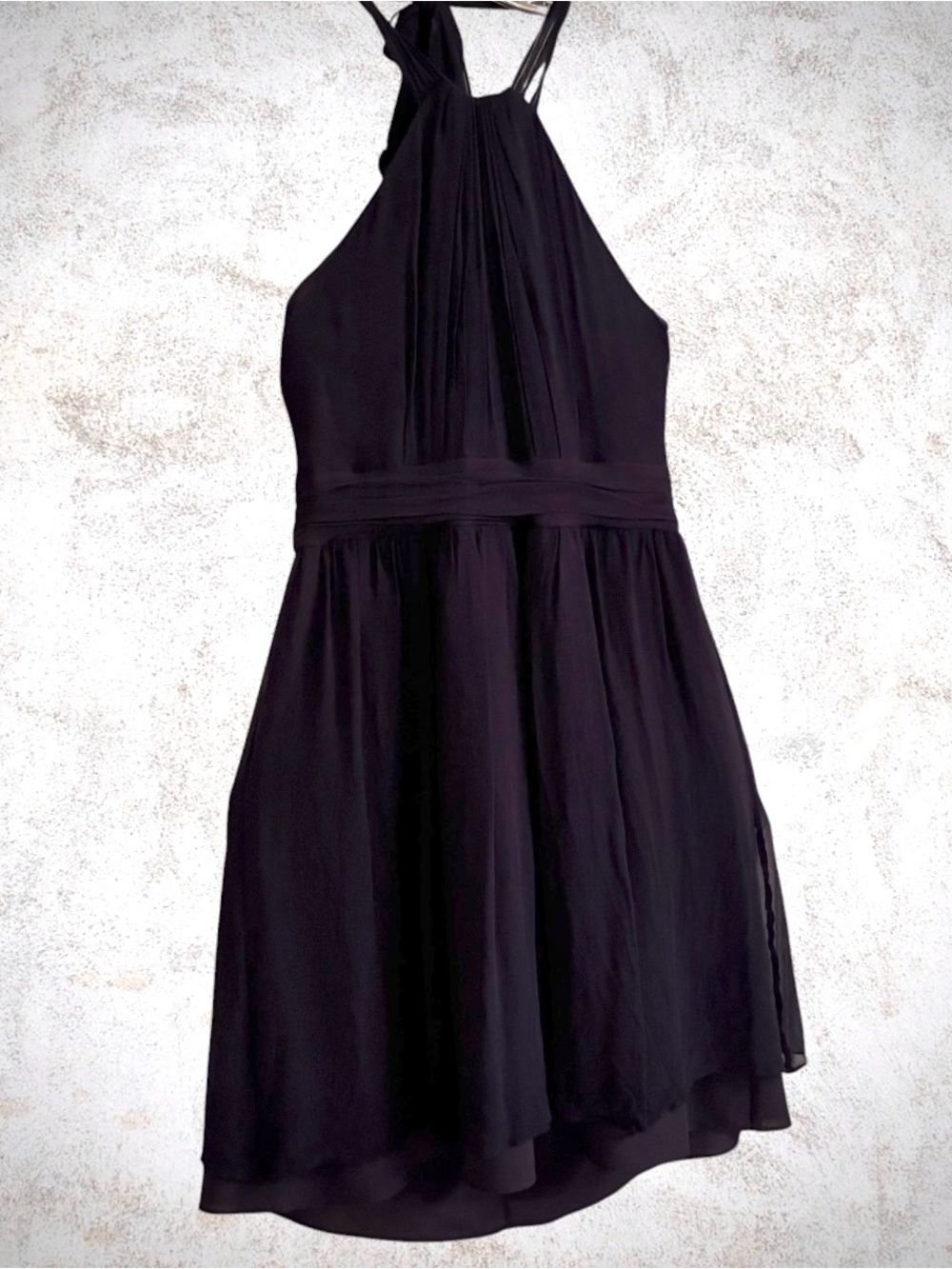 Ann Taylor 100% Silk Halter Dress Navy Sz 6 Tie Neck Pleated Chiffon Formal Mini - Picture 6 of 14